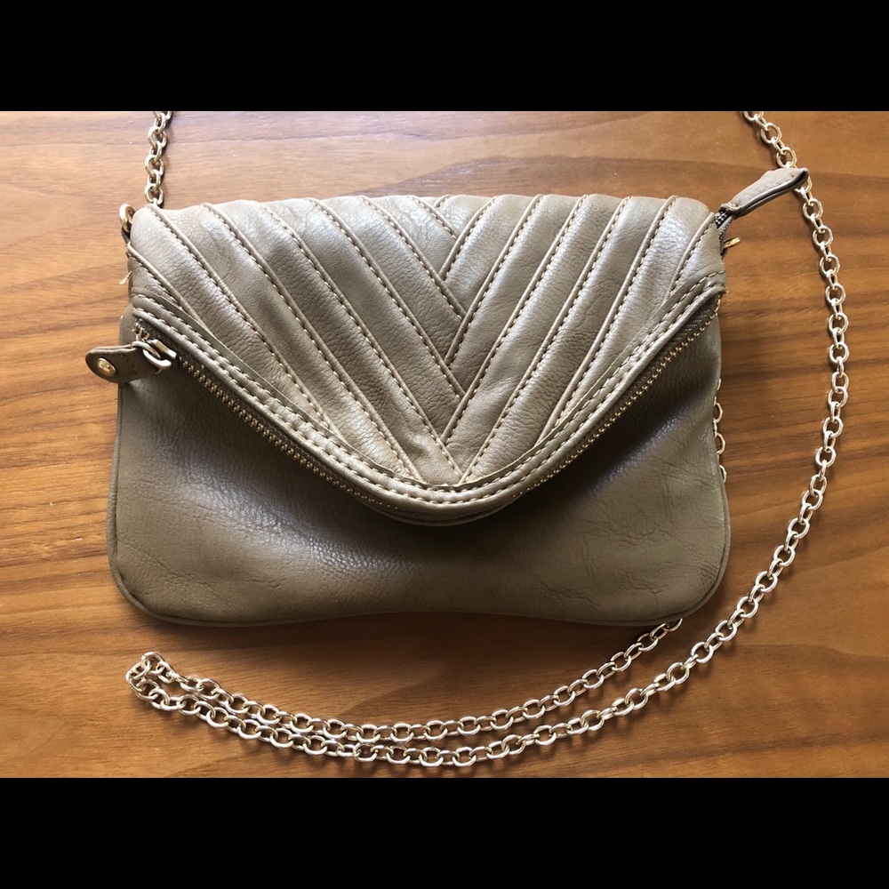Vegan leather taupe crossbody with silver chain